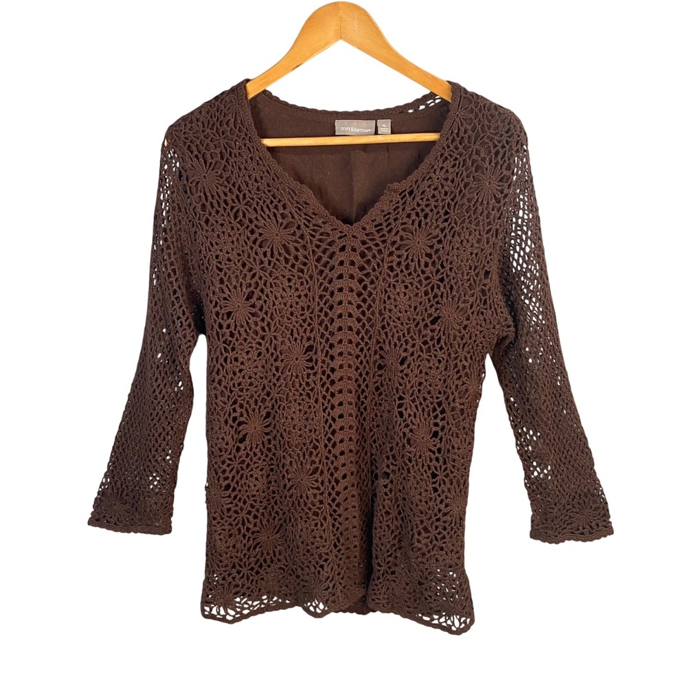 Croft & Barrow Crochet Knit Sweater Womens XL Brown Boho Cottagecore Coastal